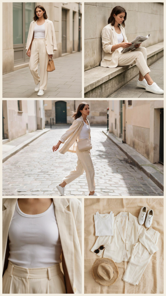 Neutral Tank with Cream Pants and Cream Blazer