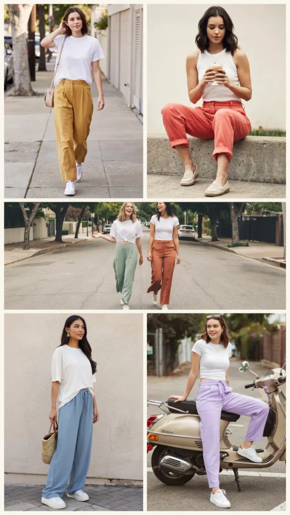 White T-Shirt with Colorful Wide-Leg Pants
