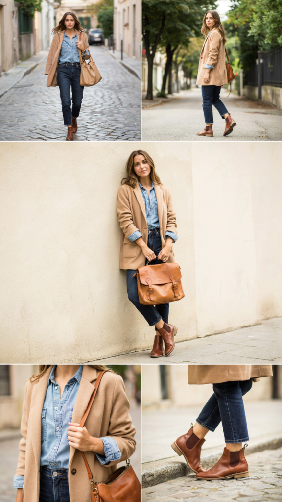 Denim Shirt, Dark Jeans, and Camel Blazer