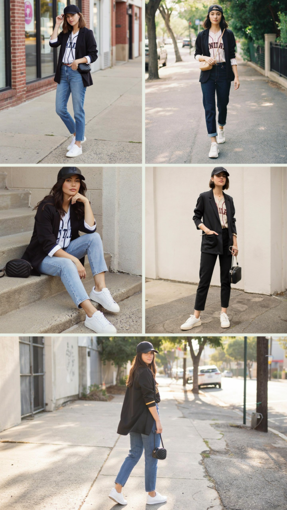 Black Blazer with a Baseball Jersey and Straight Jeans