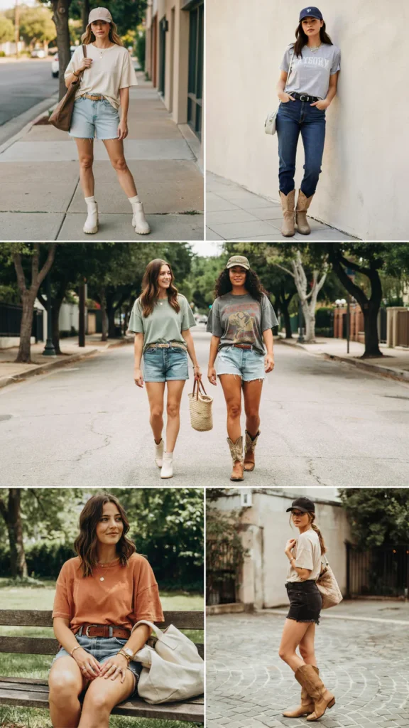 Casual Dress Layered with Denim Shorts and Boots