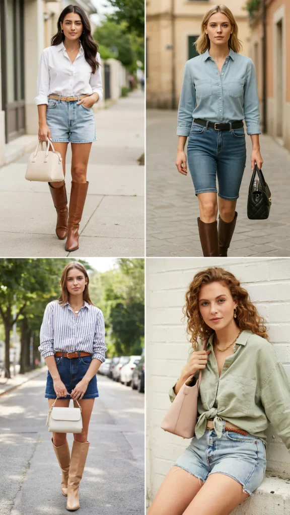 Button-Up Shirt with Denim Shorts and Riding Boots