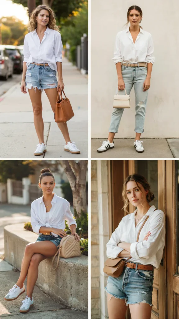  White Button-Down with Distressed Denim Shorts