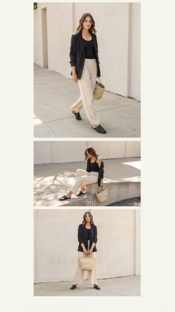 Black Blazer with a Ribbed Tank Top and Linen Pants
