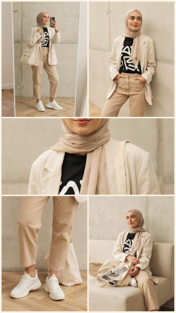 Graphic T-Shirt, Mom Jeans, and Beige Blazer