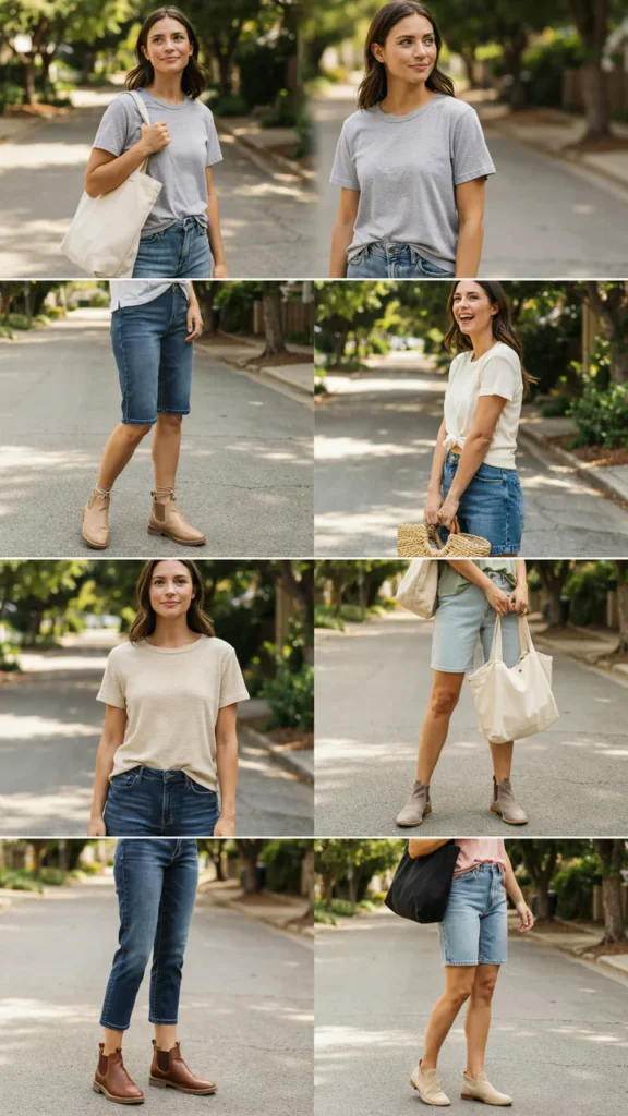 Family-Friendly Tee with Longer Denim Shorts and Flat Boots