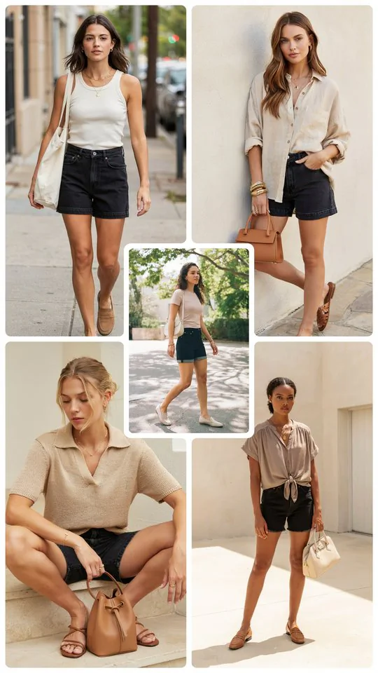 Neutral Top with Black Jean Shorts