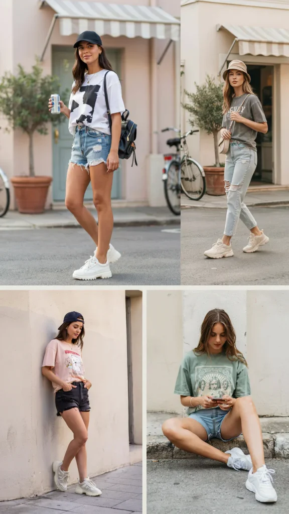 Graphic T-Shirt with Ripped Jean Shorts