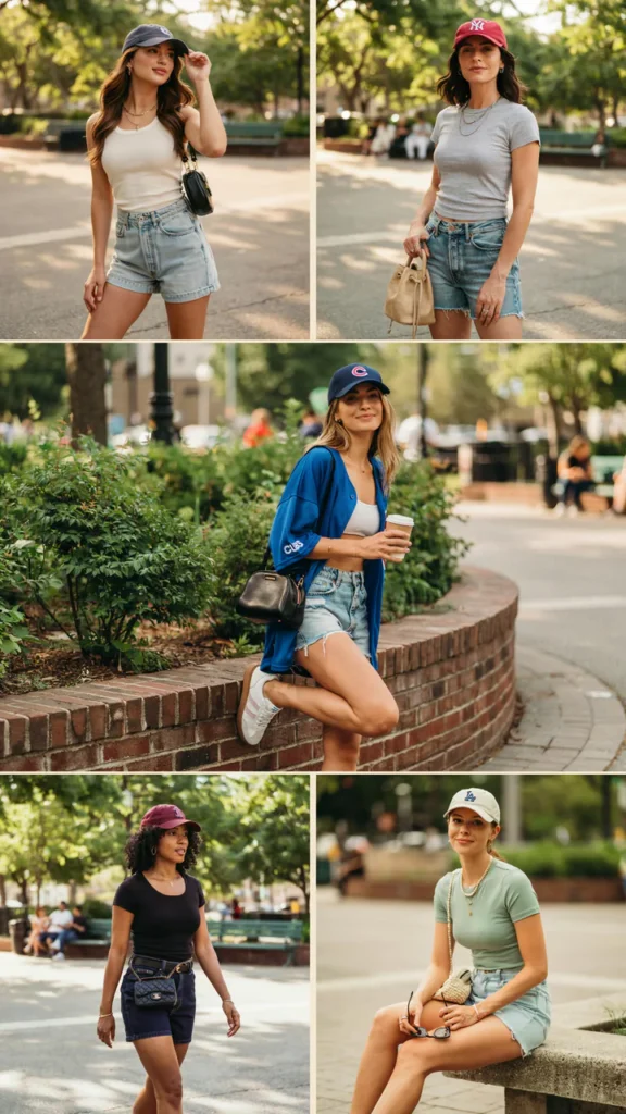 Date-Night Baseball Outfit with Jean Shorts and Sambas