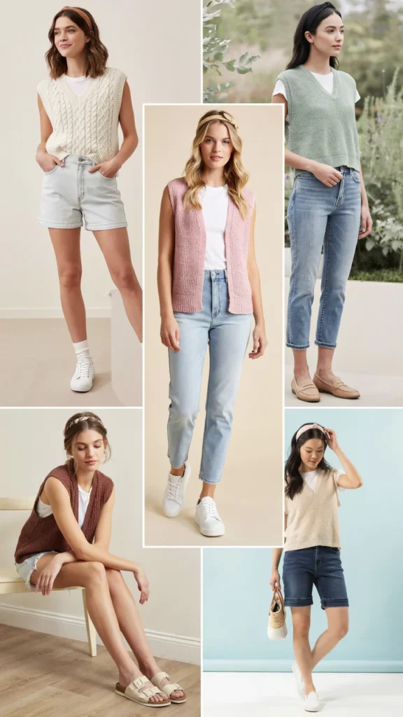 Sleeveless Sweater Vest with Jean Shorts