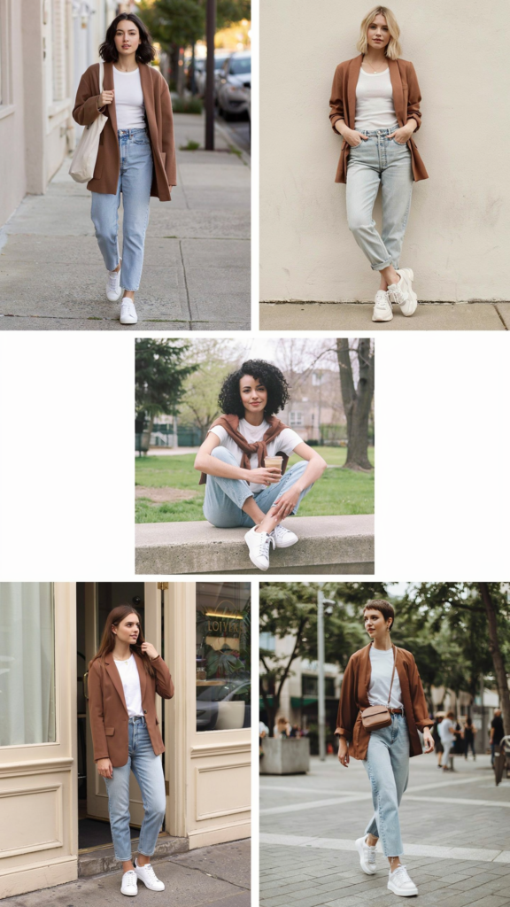  Brown Blazer, White Tee, and Faded Jeans