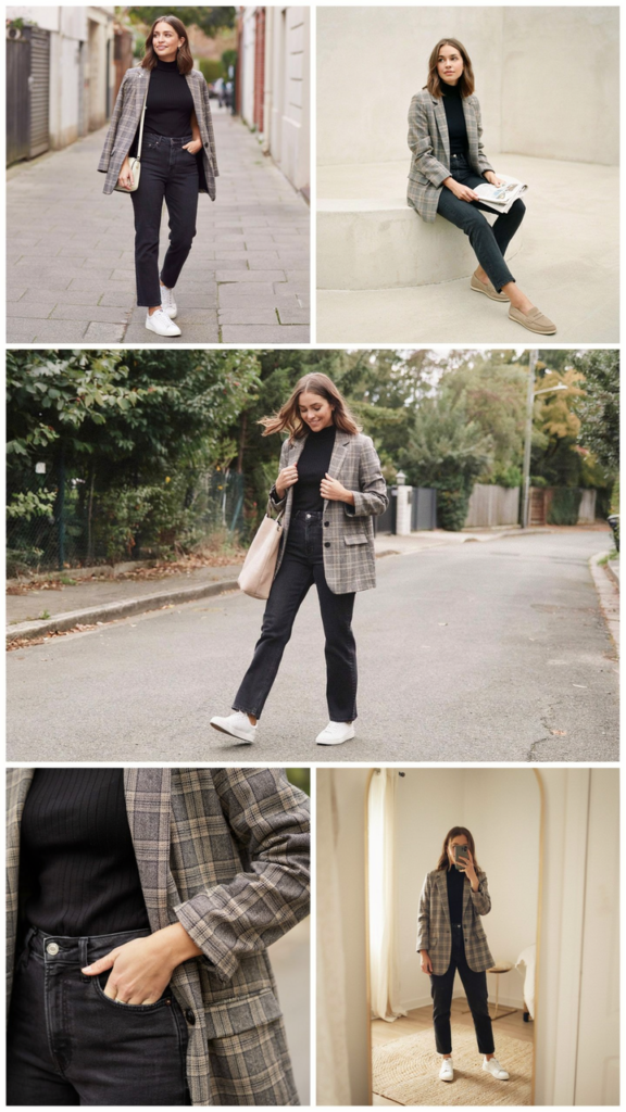  Black Turtleneck, Dark Jeans, and Plaid Blazer