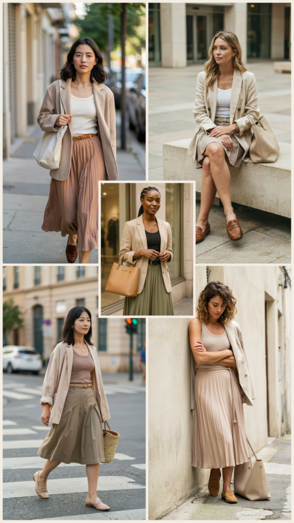 Beige Blazer with Pleated Skirt