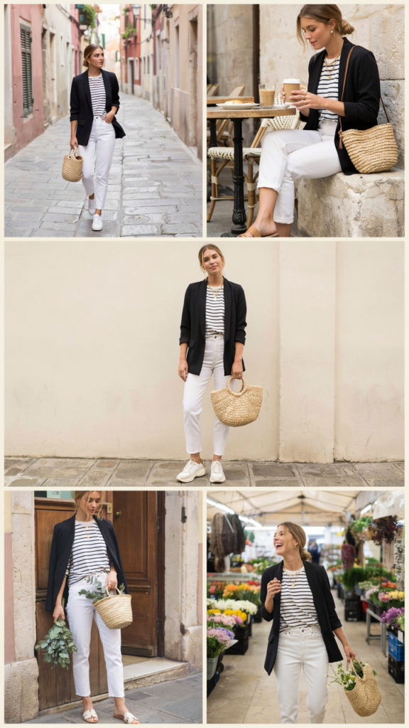 Black Blazer with a Striped T-Shirt and White Jeans