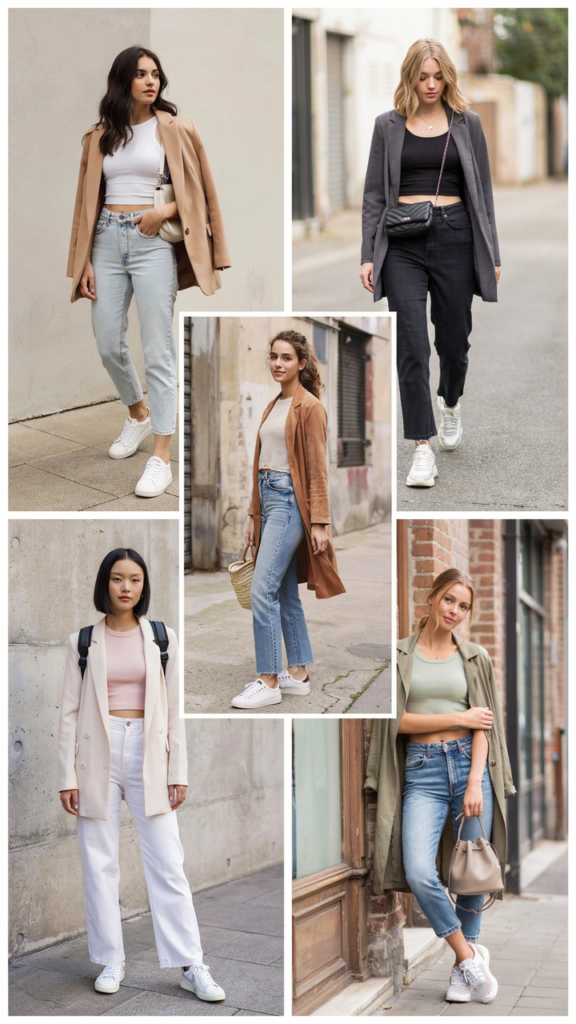 Crop Top, High-Waist Jeans, and Long Blazer