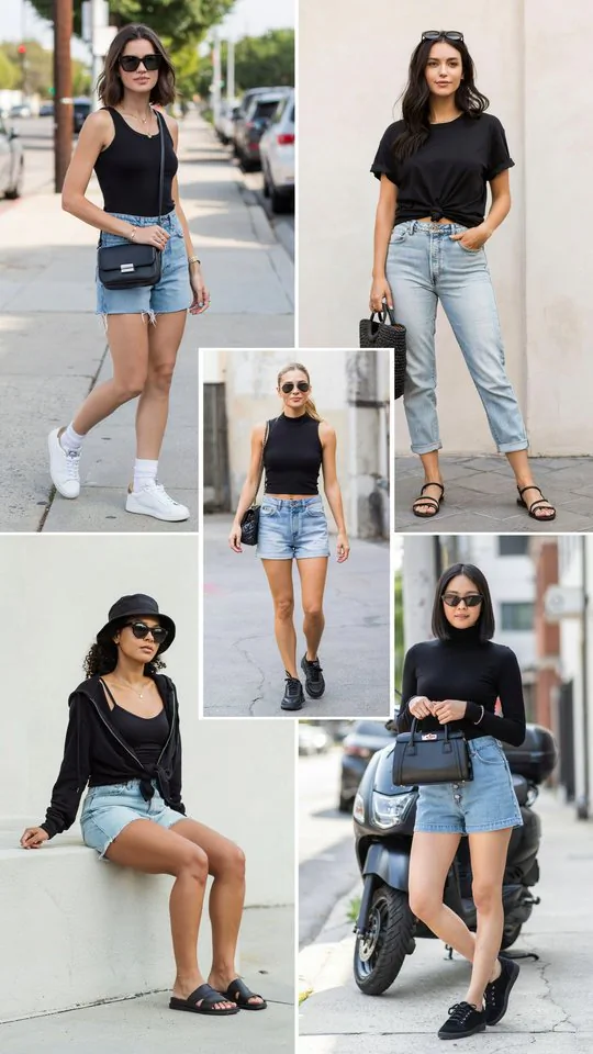 All-Black Top with Light Jean Shorts