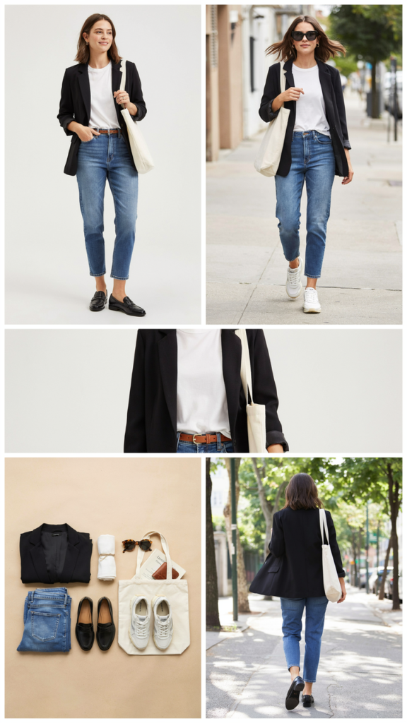 Black Blazer with a Basic White T-Shirt and Blue Jeans