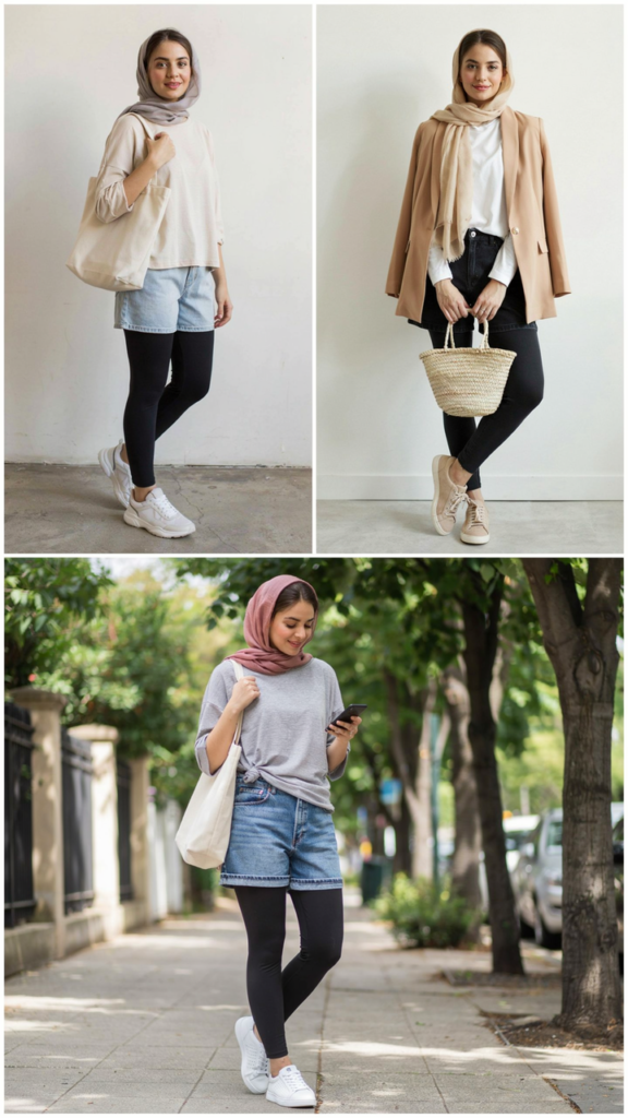 Denim Bermuda Shorts, Leggings, and Blazer