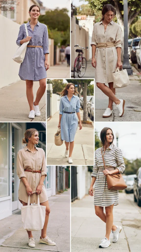 Shirt Dress with Belt and Sneakers