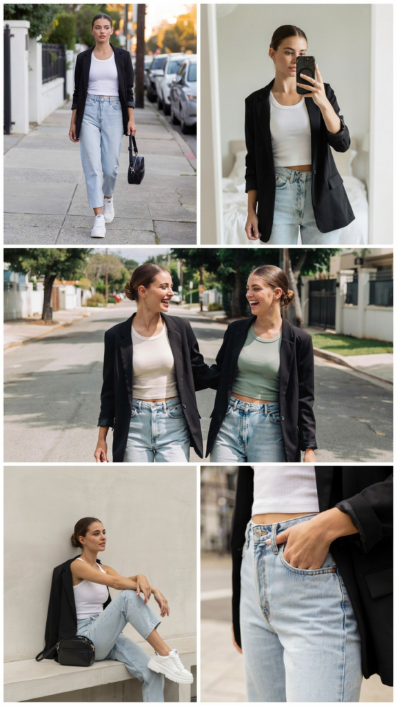 Black Blazer with a Crop Top and High-Waist Jeans
