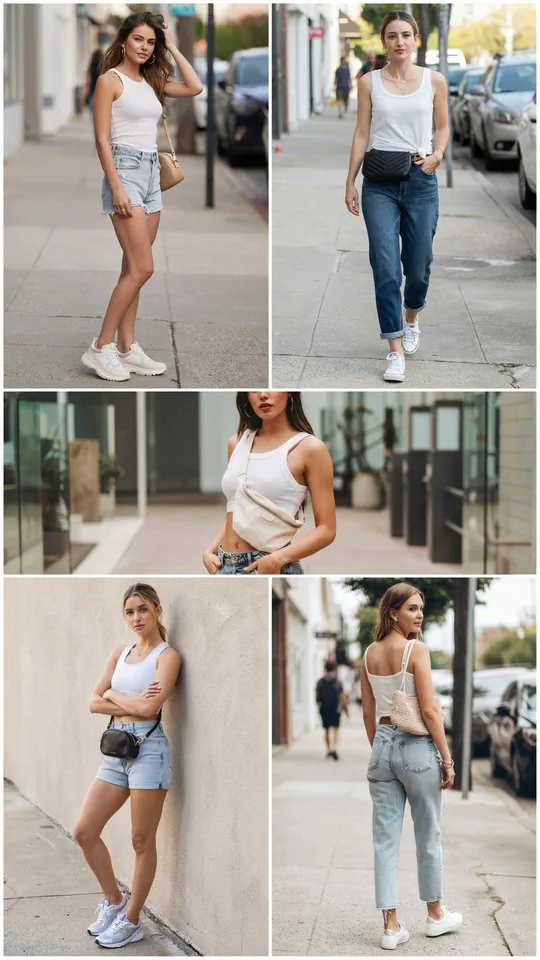 White Tank Top with Denim Shorts