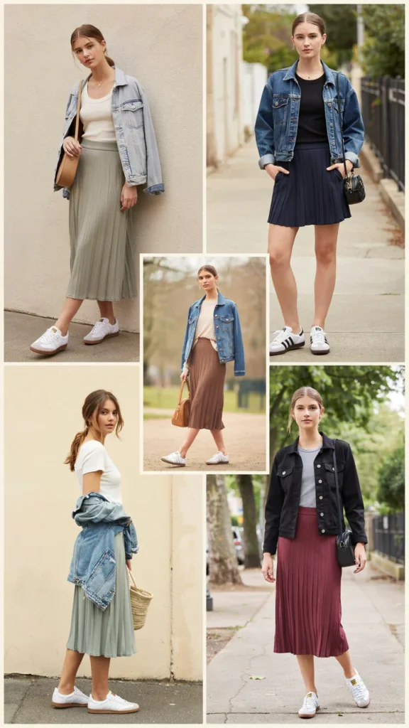 Pleated Skirt with Sambas and Denim Jacket