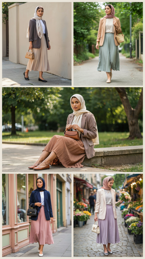Pleated Skirt, Fitted Tee, and Cropped Blazer