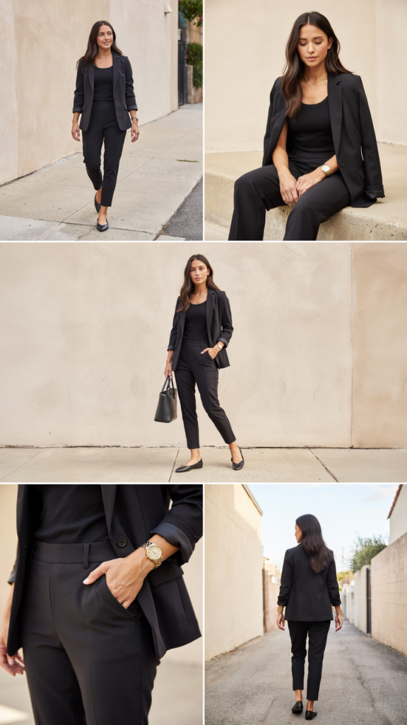 Black Blazer with a Black Tank and Black Trousers