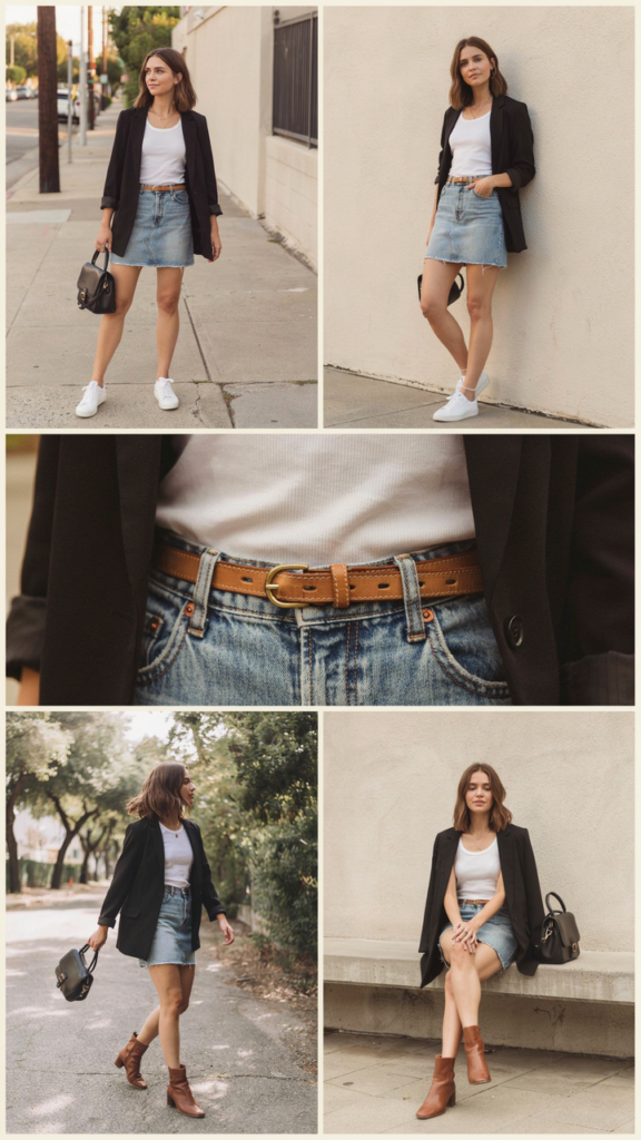 Black Blazer with Denim Skirt and Tank Top