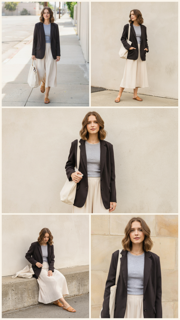 Black Blazer with a Maxi Skirt and Fitted Tee
