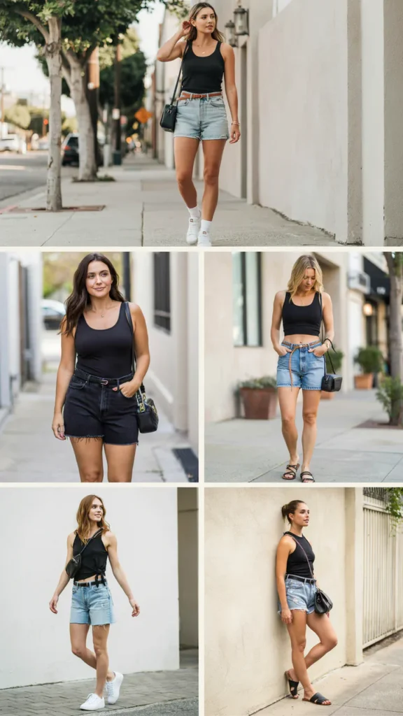 Black Tank Top with High-Waist Jean Shorts