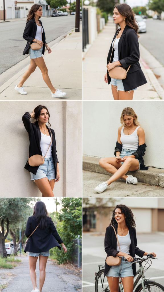Black Blazer with a White Tank Top and Denim Shorts