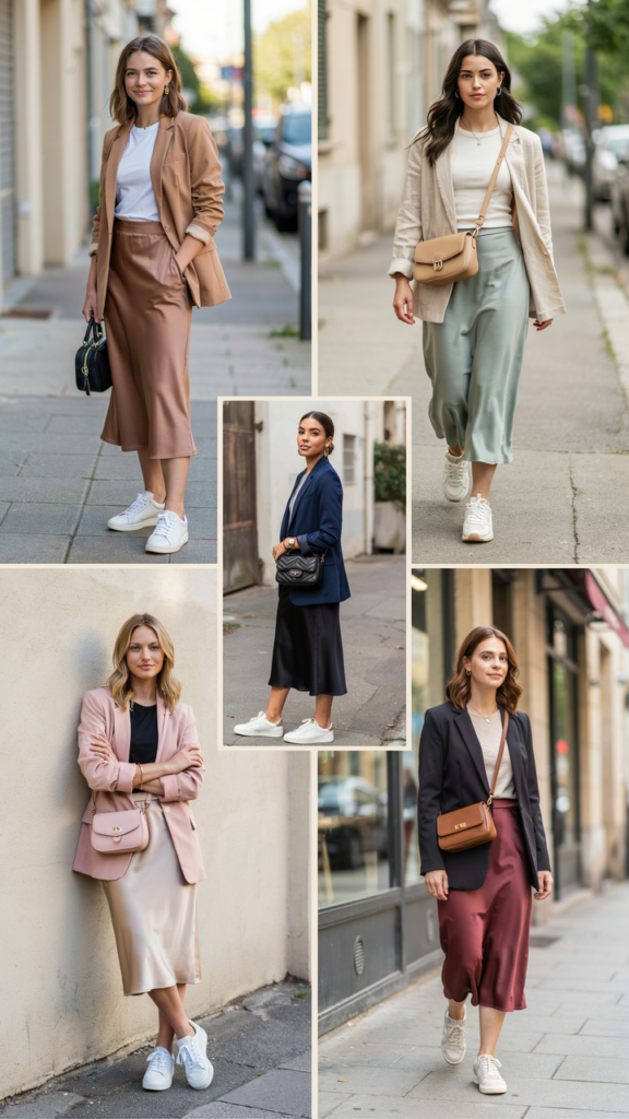 Blazer with Slip Skirt and Sneakers