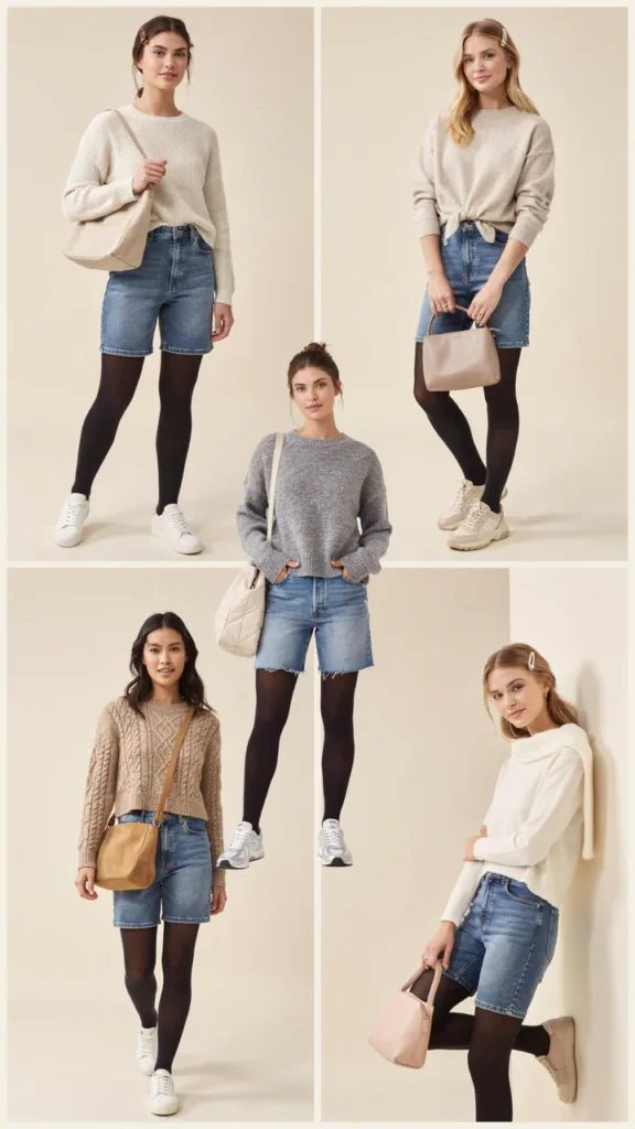 Neutral Sweater with Jean Shorts and Tights