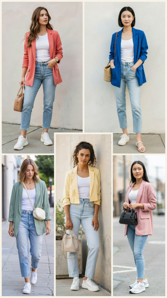 Colorful Blazer with White Tank and Light Jeans