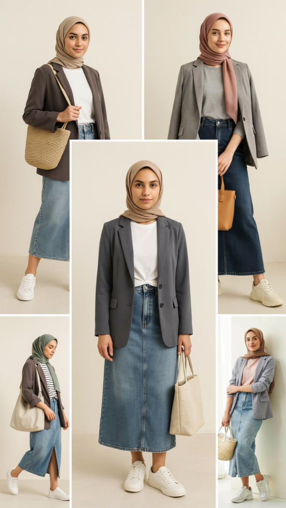 Long Denim Skirt, T-Shirt, and Gray Blazer