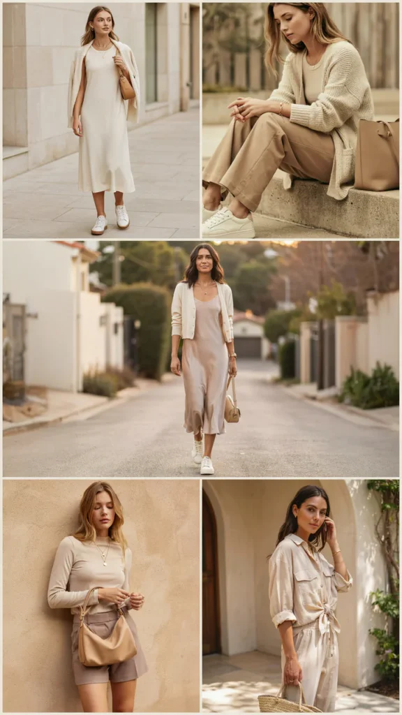 Monochrome Beige Dress Outfit