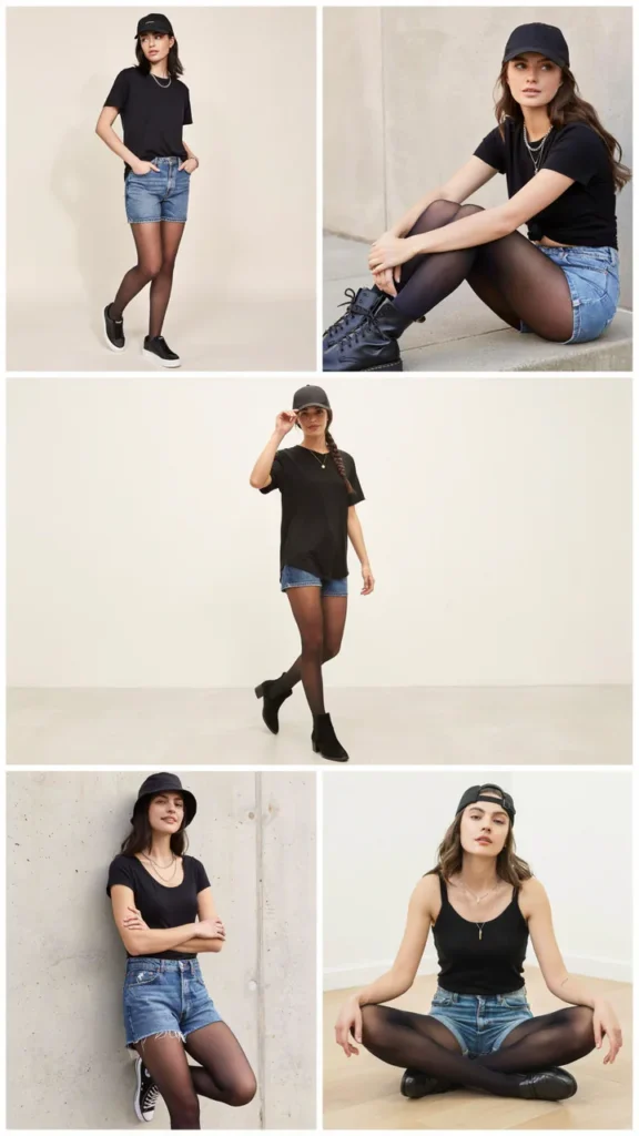 Simple Black T-Shirt with Jean Shorts and Tights