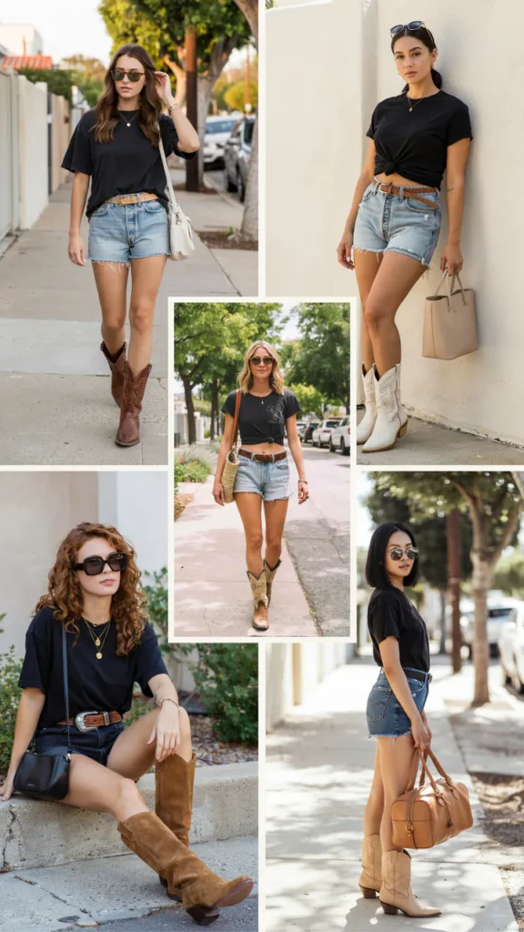 Black T-Shirt with Cutoff Shorts and Western Boots