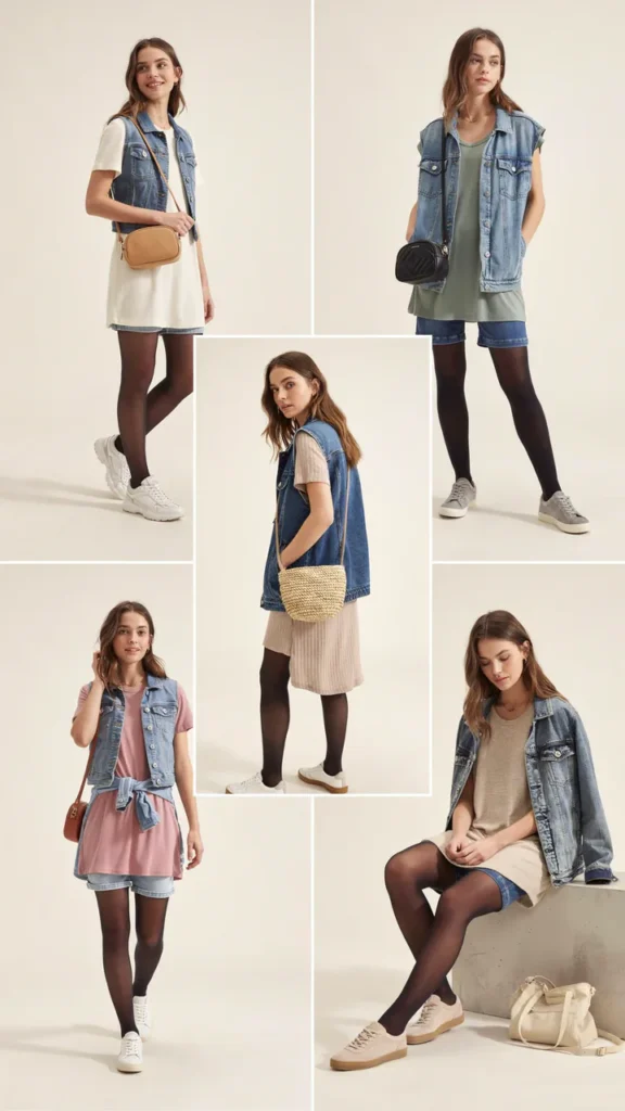 Casual Dress Layered with Jean Shorts and Tights
