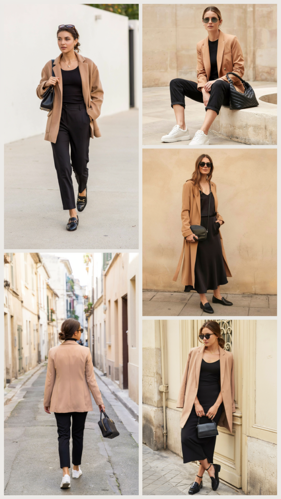  All-Black Outfit with Camel Blazer
