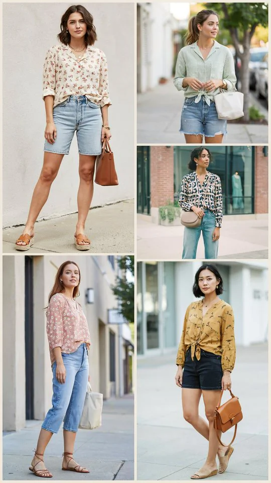 Patterned Blouse with Jean Shorts