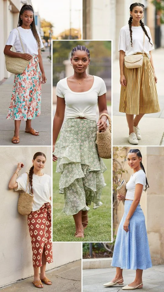 White Tee with Colorful Midi Skirt