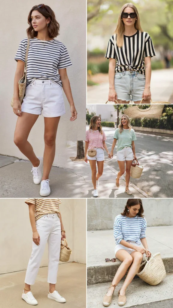 Striped T-Shirt with White Denim Shorts