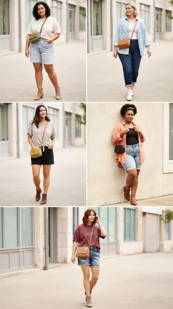 Plus-Size Friendly Loose Tee with Stretch Denim Shorts and Boots
