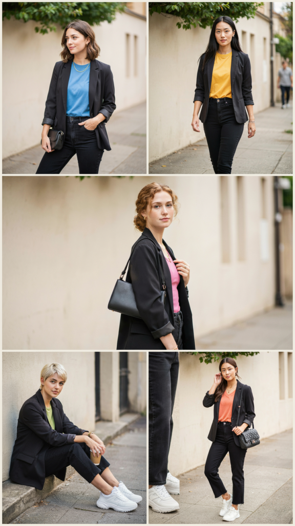 Black Blazer with a Bright T-Shirt and Black Jeans