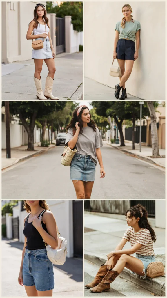 Denim Mini Skirt Look with Shorts Underneath and Boots