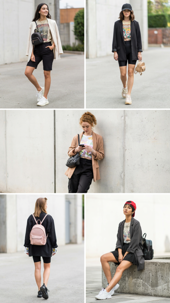  Graphic Tee with Black Shorts and Oversized Blazer