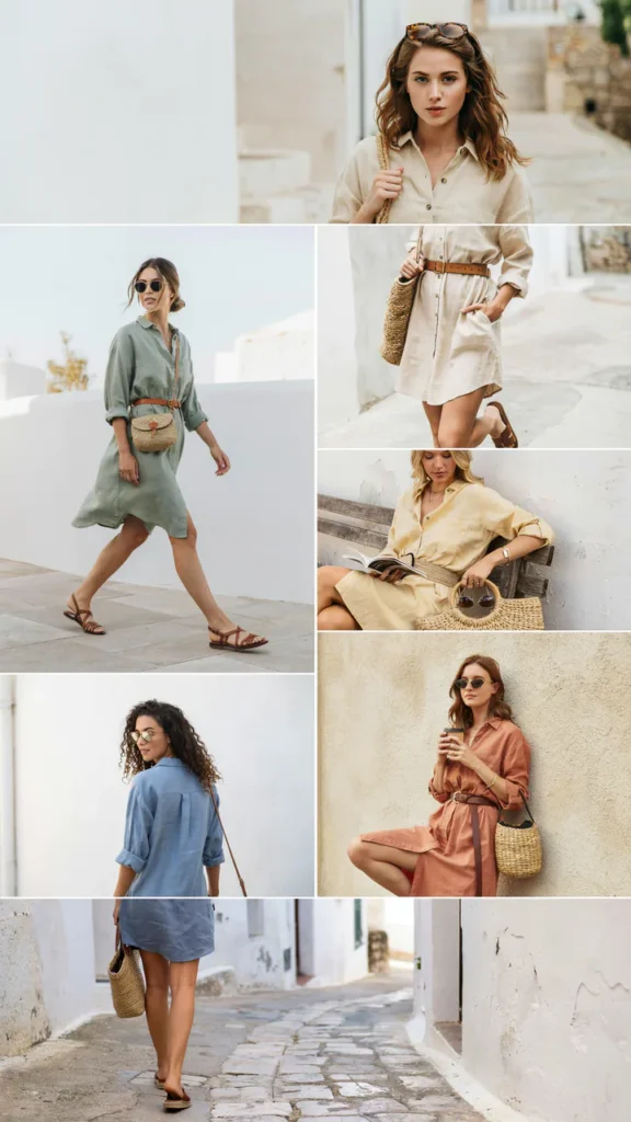 Linen Shirt Dress with Brown Sandals