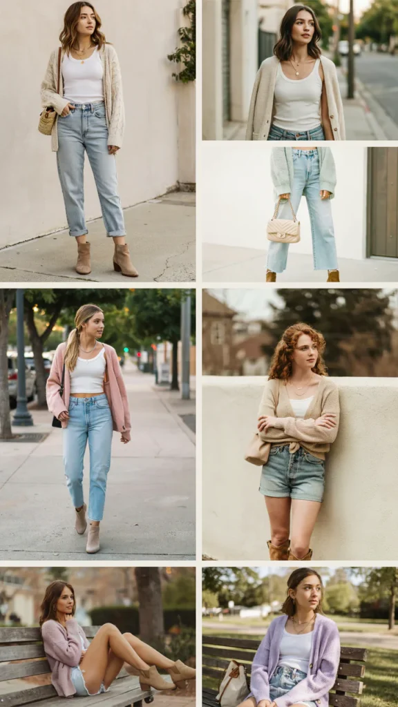 Light Cardigan with Denim Shorts and Suede Boots